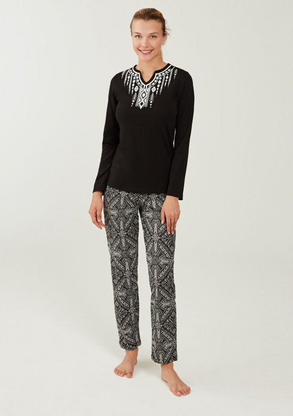 Mod Collection 3222 Bayan Siyah Pamuklu Kışlık Pijama