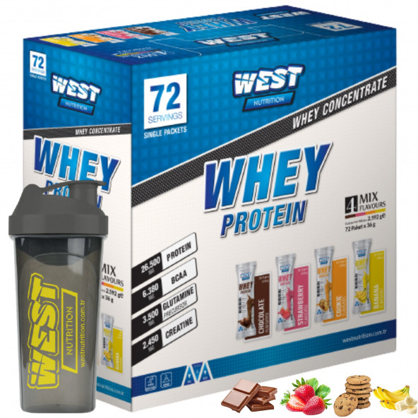 West Nutrition Whey Protein Tozu 2592 gr 72 Şase BİR KUTUDA 4 AROMA 3 HEDİYE