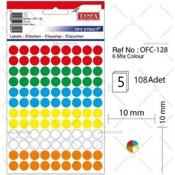 Tanex Mıx Color Ofis Etiketi 10mm 6-Renk 5.yaprak (540 Etiket)