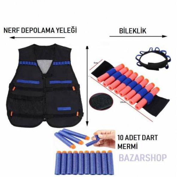 NERF YELEK NERF DEPOLAMA YELEĞİ  10 ADET NERF MERMİ  BİLEKLİK