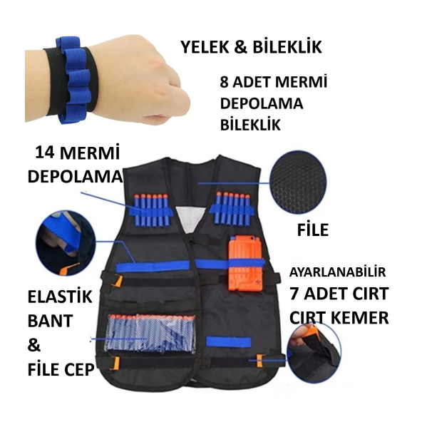 NERF OYUNCAK MERMİ  UYUMLU YELEK  + MERMİ DEPOLAMA BİLEKLİK