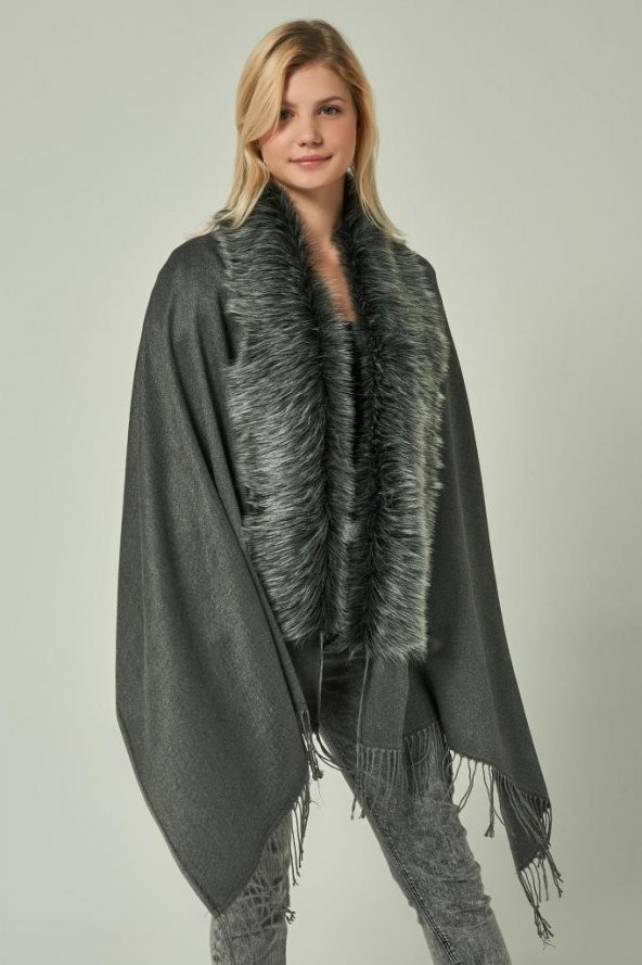 Felice Butik 11293 Antrasit Kürklü Püsküllü Panço YL - 3