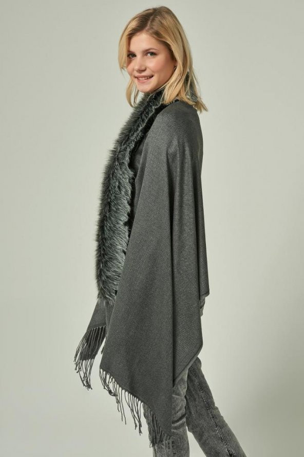 Felice Butik 11293 Antrasit Kürklü Püsküllü Panço YL - 4