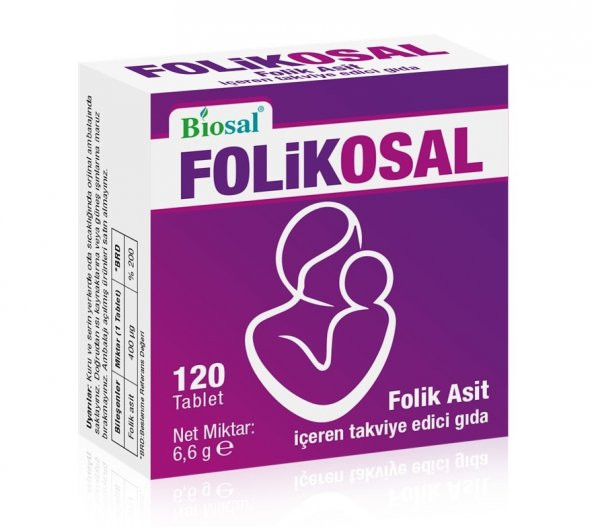Folikosal Folik Asit 400 Mcg 120 Tablet B9 Folic Acid Vitamin İçeren Besin Takviye Edici Gıda ( Biosal Folikosal )