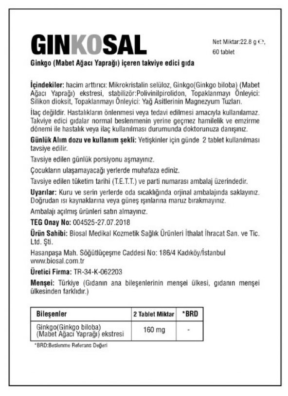 Ginkgo biloba mabet ağacı takviye edici gıda 60 tablet (Biosal Ginkosal) - 2