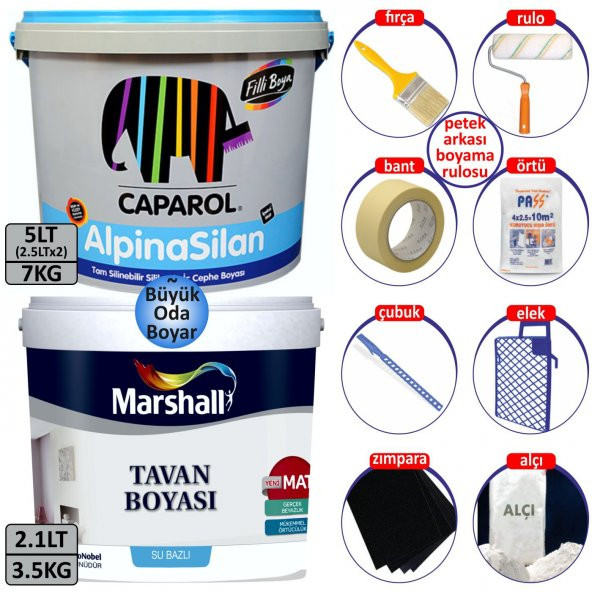 Filli Boya Alpina Silan Tam Silinebilir 5LT=7KG-Marshall Tavan Boyası 2.1LT=3.5KG+9 Parça Set - 2