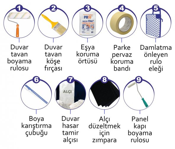 Filli Boya Alpina Silan Tam Silinebilir 5LT=7KG-Marshall Tavan Boyası 2.1LT=3.5KG+9 Parça Set - 6