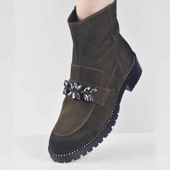 AYAKKALBİN RT005 TAŞLI TROP TABANLI FERMUARLI NUBUCK BAYAN BOT - 2