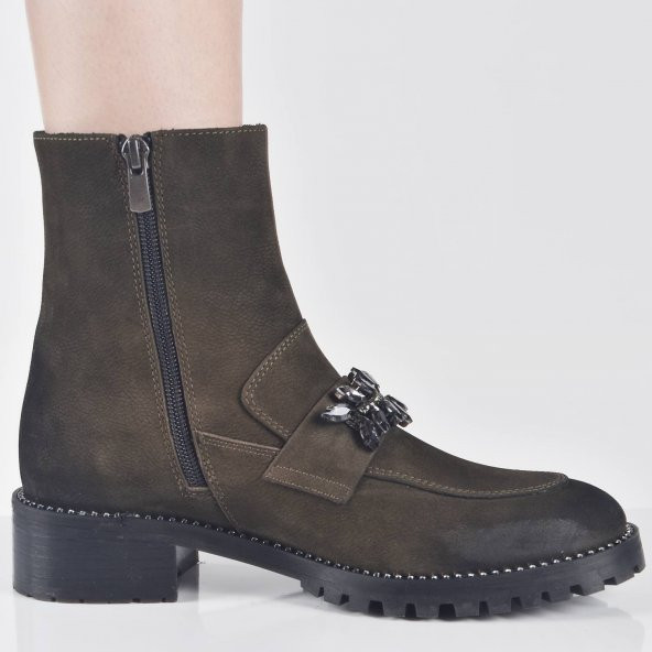 AYAKKALBİN RT005 TAŞLI TROP TABANLI FERMUARLI NUBUCK BAYAN BOT - 3