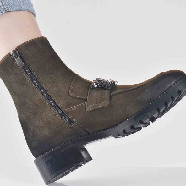 AYAKKALBİN RT005 TAŞLI TROP TABANLI FERMUARLI NUBUCK BAYAN BOT - 4