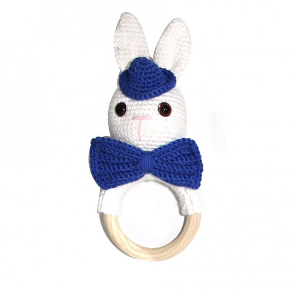 Büyük Mavi Şapkalı Beyaz Tavşan Amigurumi Çıngırak