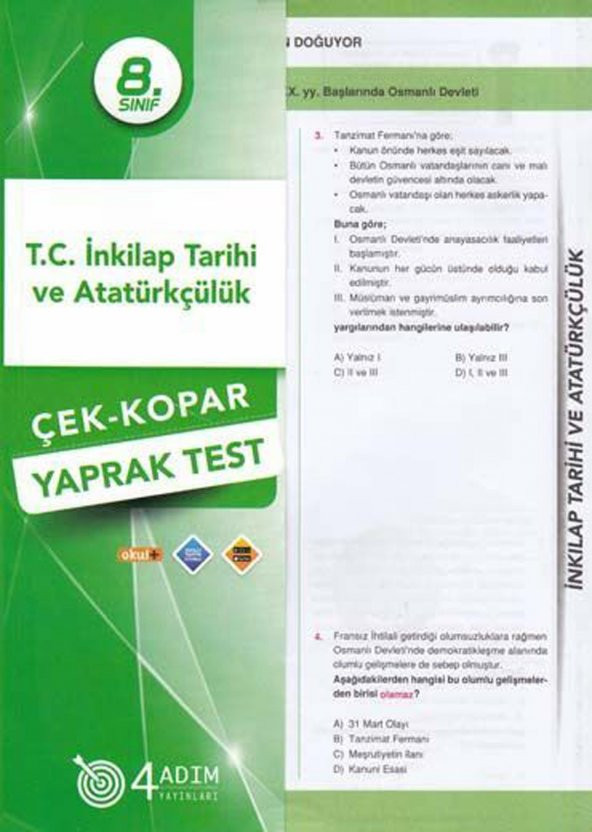 4 Adım 8. Sınıf T. C. İnkılap Tarihi ve Atatürkçülük Çek Kopar Yaprak Test