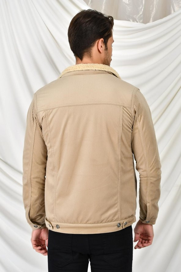 Erkek Taş Kadife Kürklü Mont - 5