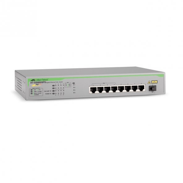 Allied Telesis AT-GS900/8PS Unmanaged Switch 
8-port 10/100/1000T  
PoE & SFP uplink (PoE budget 75W)
