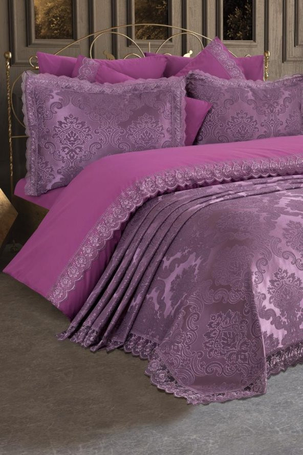 Fransız Dantelli Lalezar Gelin Seti 7 Parça Mürdüm - Resim 4