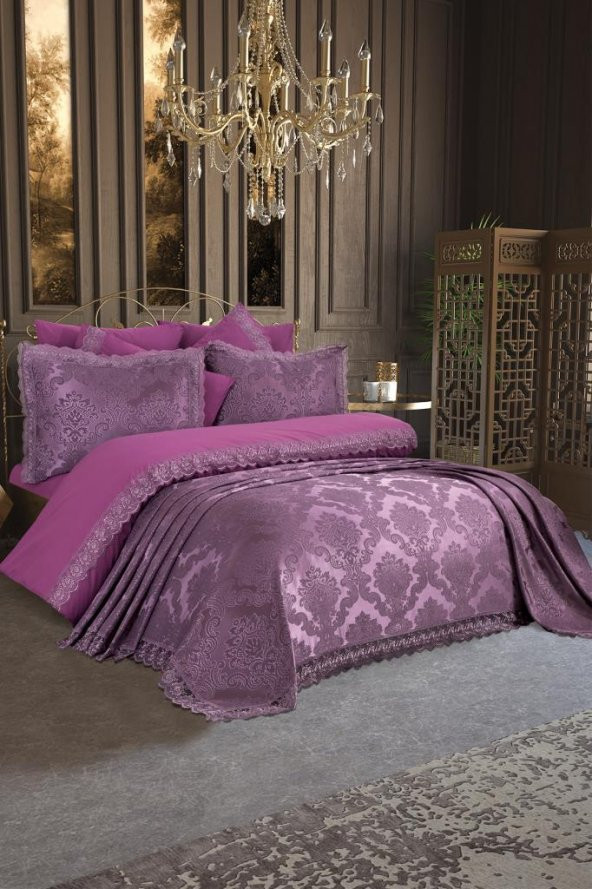 Fransız Dantelli Lalezar Gelin Seti 7 Parça Mürdüm - Resim 5