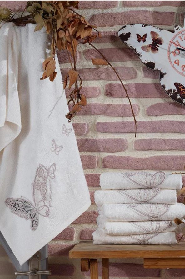 Fransız Güpürlü Nakışlı Ömrüm Çeyizlik Bambu Havlu Krem - 4