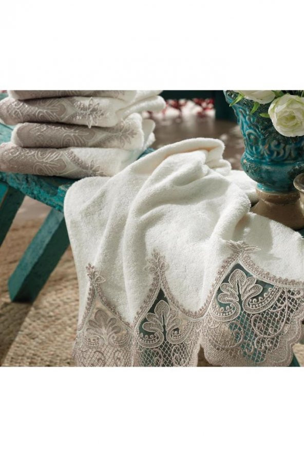 Fransız Güpürlü Sude Çeyizlik Bambu Havlu Krem - 5