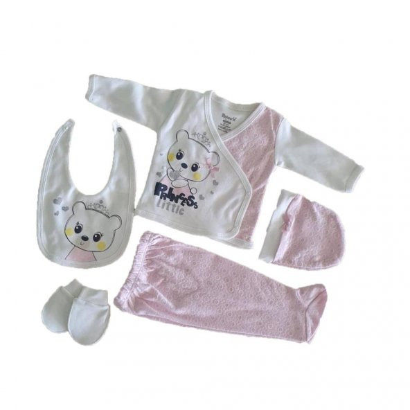 Kız Bebek 5 Parça  Yenidoğan Ayıcıklı Pembe Zıbın