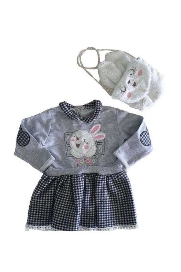Kız Bebek 6-18 Ay Tavşanlı Çanta Elbise Takımı