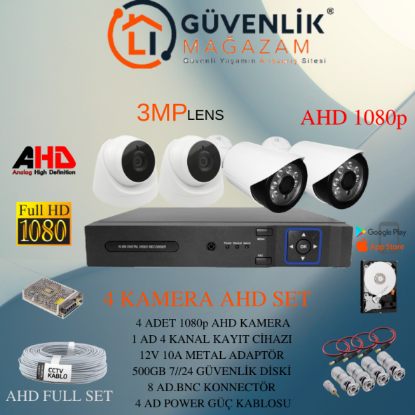 4 Kameralı 3MP Lensli FULL HD Full SET- Güvenlik Kamerası Sistemi