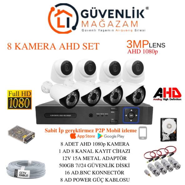 8 Kameralı 3MP Lensli FULL HD Full SET- Güvenlik Kamerası Sistemi