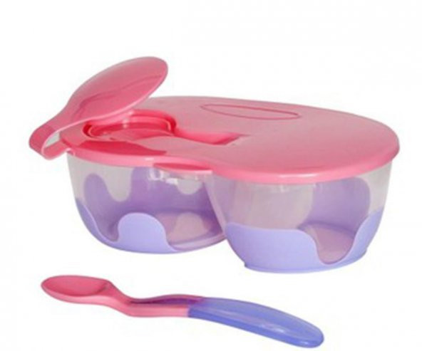 Bebedor İki Bölmeli Kapaklı Tabak Kaşık Set Pembe