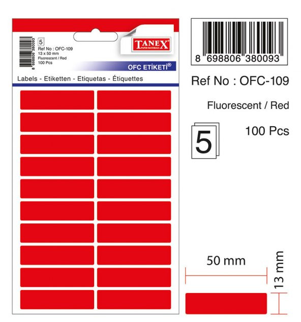 Tanex OFC-109 Etiketi 13x50mm Neon Kırmızı, 100’lü Paket