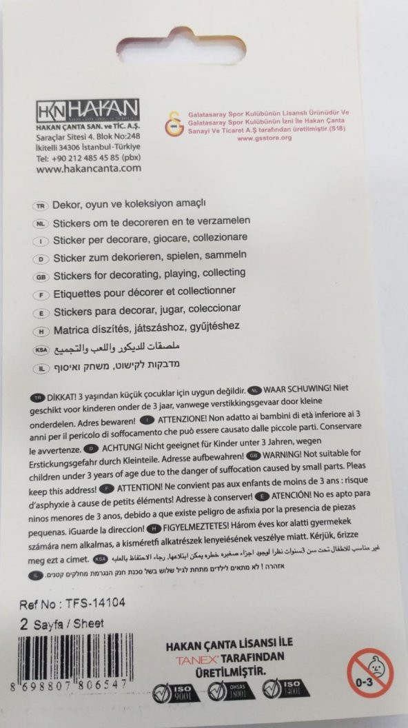 Galatasaray Orginal Sticker Etiketi, Tanex 14104 - 2