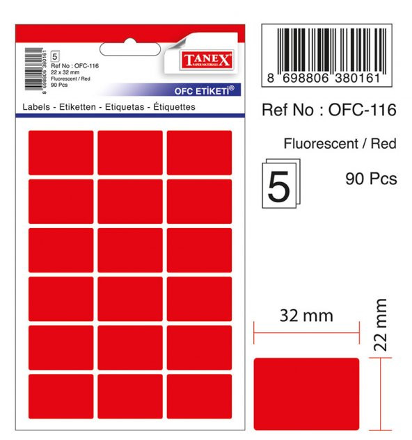 Tanex OFC-116 Etiketi 22x32mm Neon Kırmızı, 90’lı Paket