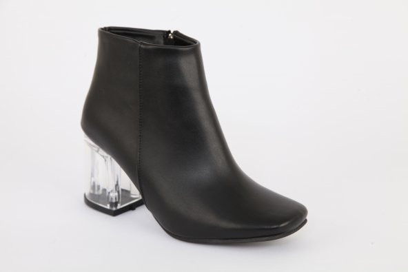 Mat Deri Şeffaf Uzun Topuk Küt Burun Bot Siyah - 2