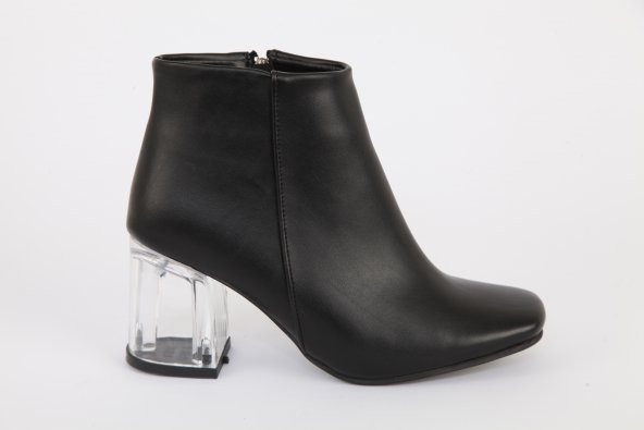 Mat Deri Şeffaf Uzun Topuk Küt Burun Bot Siyah - 3