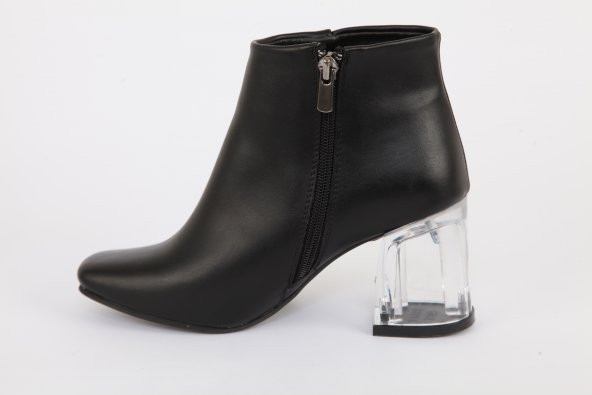Mat Deri Şeffaf Uzun Topuk Küt Burun Bot Siyah - 5