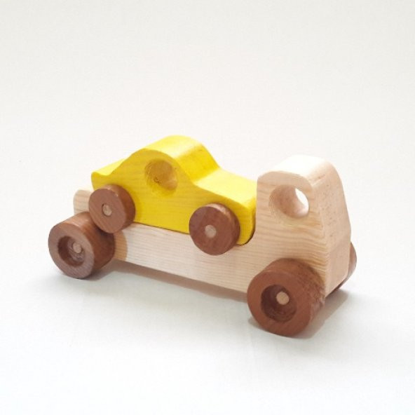 Yavrulu Ahşap Oyuncak Araba-Sarı