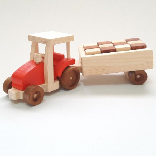 Doğal Yapı Bloklu Ahşap Eğitici Oyuncak Traktör - Kırmızı