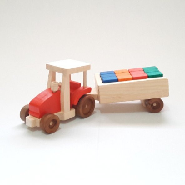 Renkli Ahşap Yapı Bloklu Oyuncak Traktör - Kırmızı