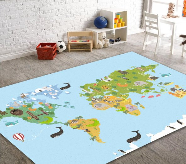 Cino Antialerjik Çocuk Halısı Eğitici Dünya Haritası Açık Mavi