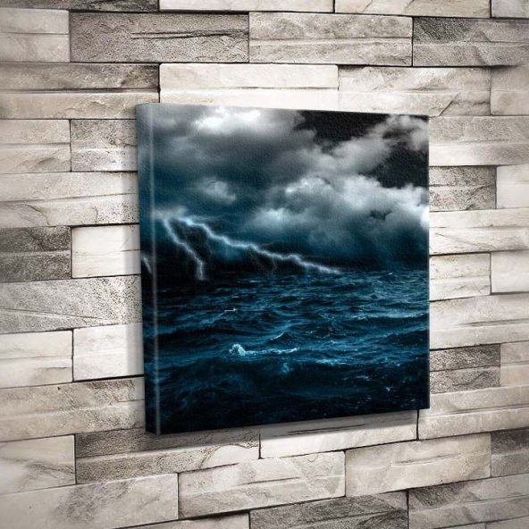 Fırtına - Okyanus - Doğa - Dalga - Bora - Şimşek - Sanat -Tuval Dekoratif Kanvas Tablo 50x50cm - 1