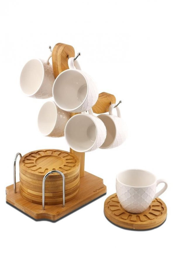 Bambu Standlı Porselen Kahve Fincanı Takımı Seti