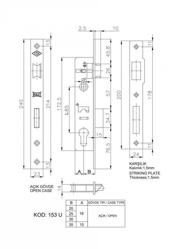 Kale 153-U Silindirli Gömme Kilit 20 mm Nikel - 2