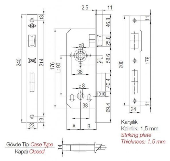 Kale 169-R WC İç Kapı Gömme Kilidi 40 mm Nikel Oval - 2
