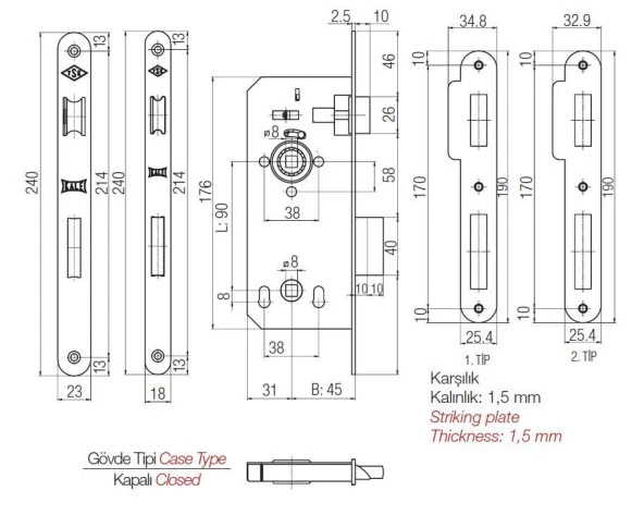 Kale 149-R WC İç Kapı Gömme Kilidi 45 mm Nikel - 2
