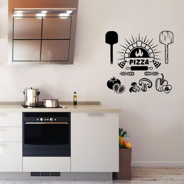 Fırında Lezzetli Sebzeli Pizza Silüeti Dekoratif Mutfak Duvar Sticker, Çıkartma