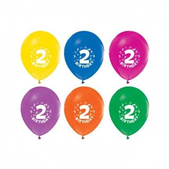 Balon Baskılı 12 İnc 1+1 Happy Birthday 2 Yaş Karışık Renkli Pk:16 Adet
