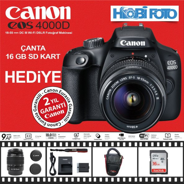 Canon EOS 4000D 18-55 mm DC III Wi-Fi® DSLR Fotoğraf Makinesi