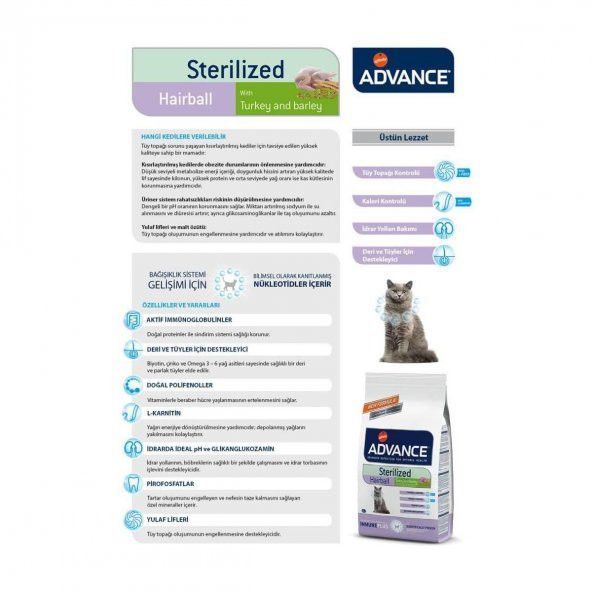 Advance Sterilised Hairball Kısırlaştırılmış Kedi Maması 1,5 Kg - 2