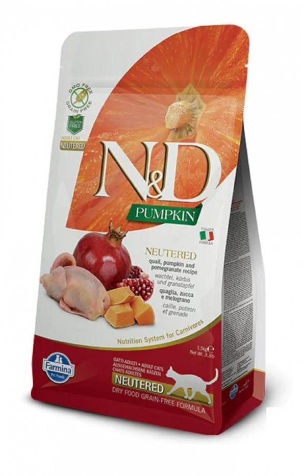 ND Tahılsız Balkabaklı Bıldırcınlı Narlı Kısır Kedi Maması 1.5 Kg