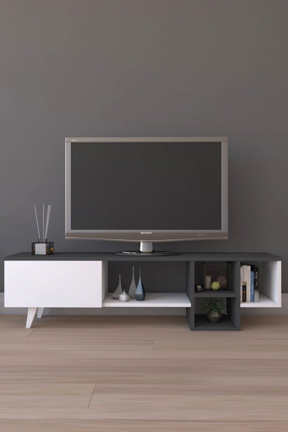 Platin Dekoratif Raflı TV Ünitesi Televizyon Sehpası Antrasit - 2