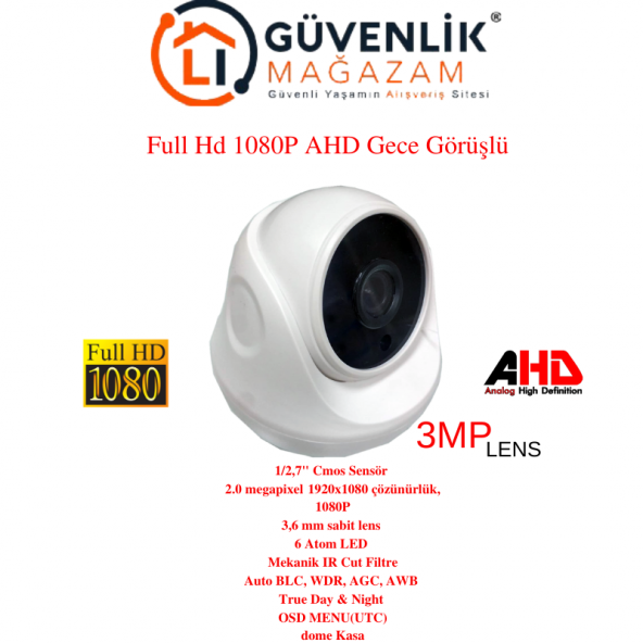Ahd Full Hd 1080p 3.6mm Lens 6 Led Gece Görüşlü İç Mekan Güvenlik Kamerası