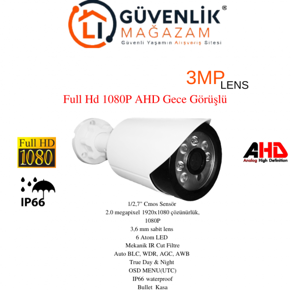 Ahd Full Hd 1080p 3.6 Mm Lens 6 Atom Led Gece Görüşlü Dış Mekan Güvenlik Kamerası